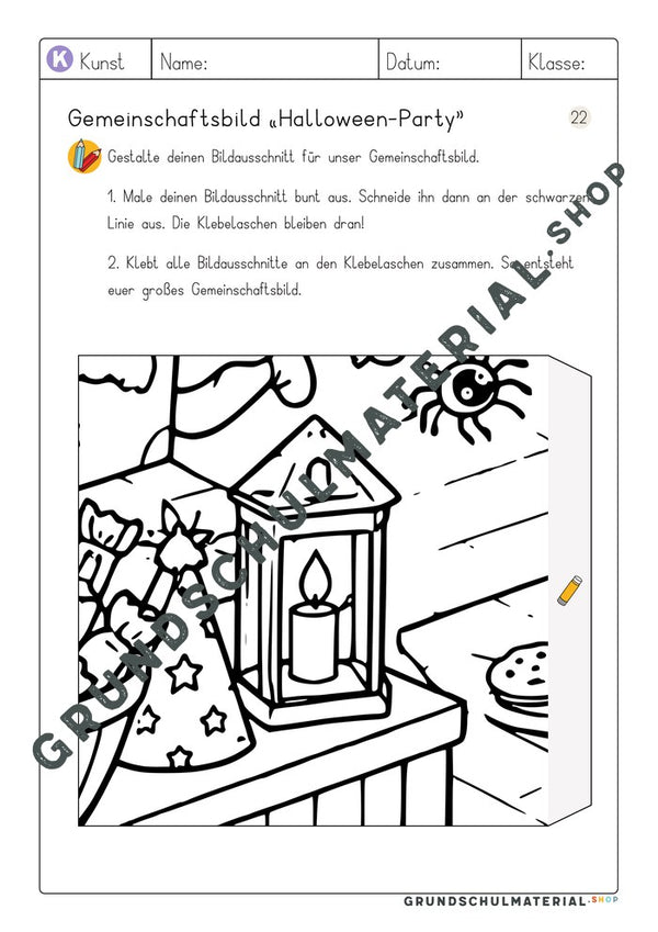 Arbeitsblatt Bildausschnitt 22 zum Ausmalen: Laterne, Spinne und Partyhut