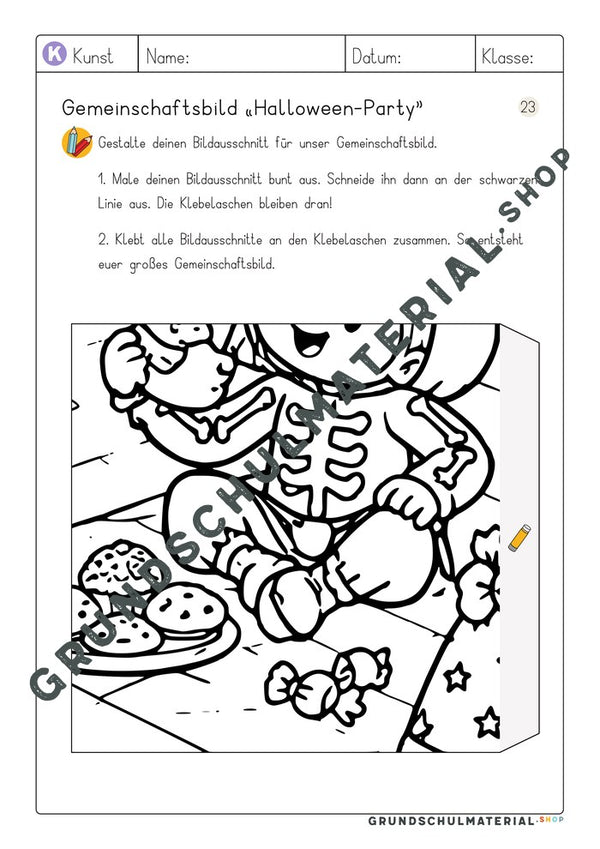 Arbeitsblatt Bildausschnitt 23 zum Ausmalen: Kind im Skelettkostüm mit Keksen