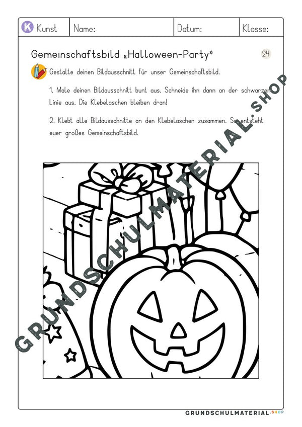 Arbeitsblatt Bildausschnitt 24 zum Ausmalen: Kürbis und Geschenke