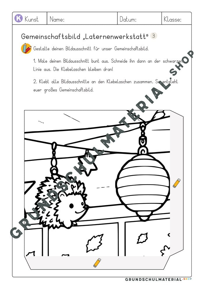 Gemeinschaftsbild Laternenwerkstatt: Arbeitsblatt Bildausschnitt 3 zum Ausmalen