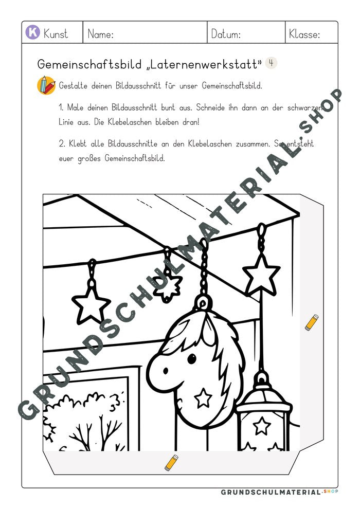 Gemeinschaftsbild Laternenwerkstatt: Arbeitsblatt Bildausschnitt 4 zum Ausmalen
