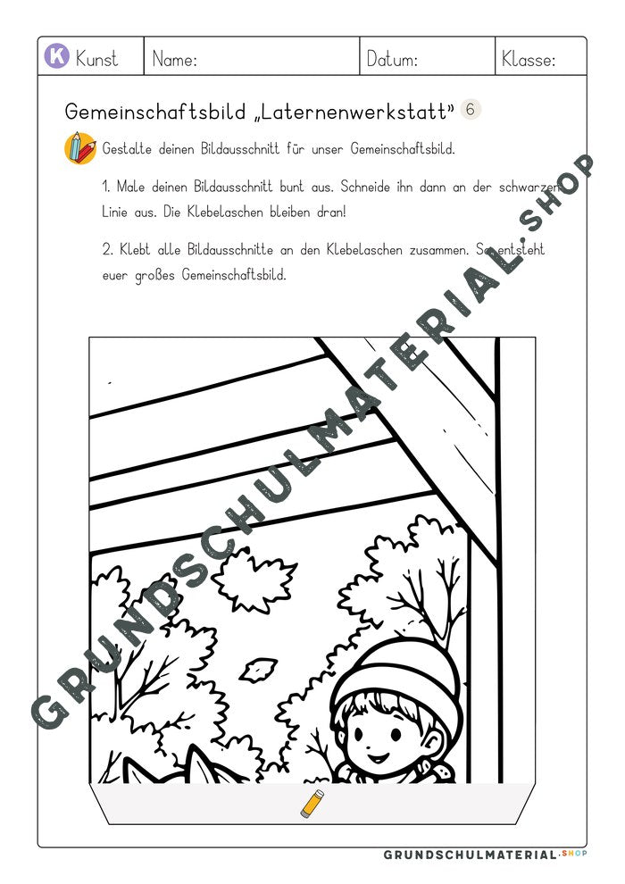 Gemeinschaftsbild Laternenwerkstatt: Arbeitsblatt Bildausschnitt 6 zum Ausmalen