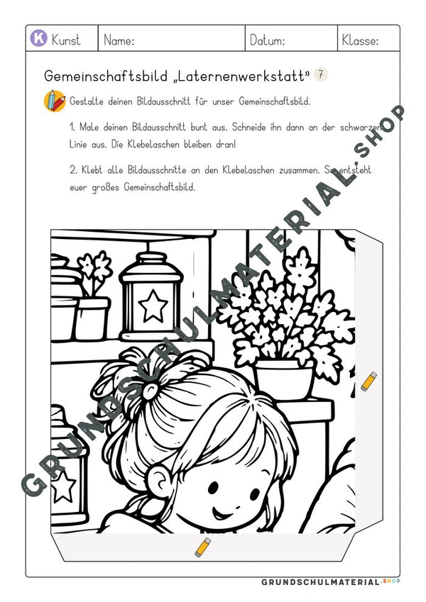 Gemeinschaftsbild Laternenwerkstatt: Arbeitsblatt Bildausschnitt 7 zum Ausmalen