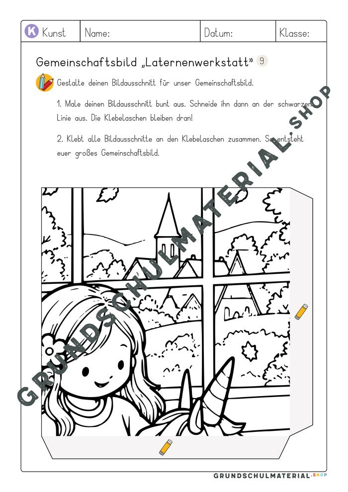 Gemeinschaftsbild Laternenwerkstatt: Arbeitsblatt Bildausschnitt 9 zum Ausmalen
