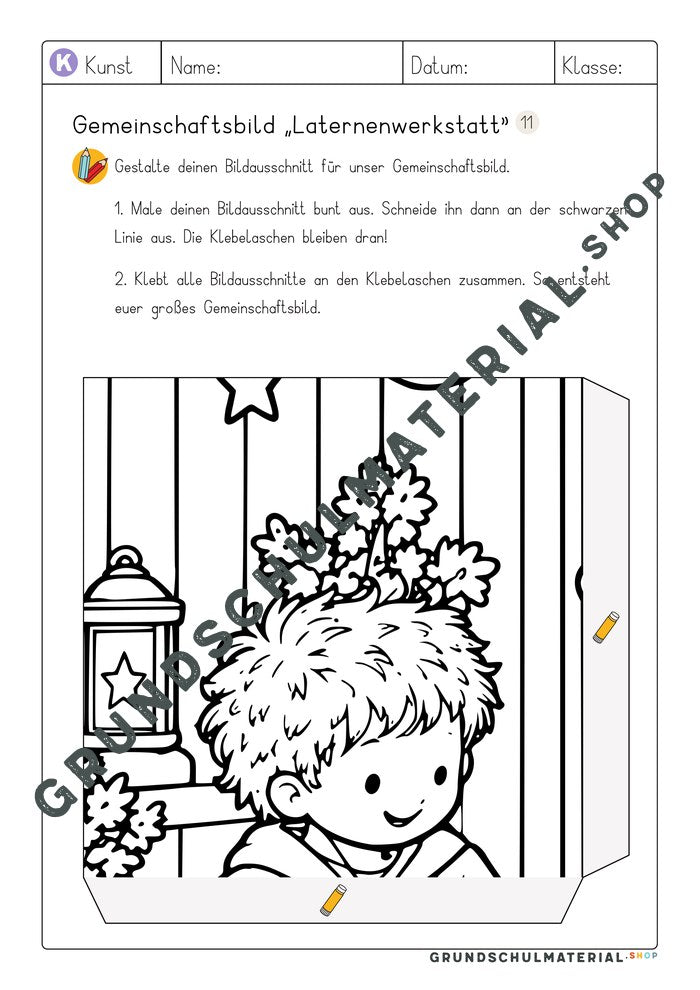 Gemeinschaftsbild Laternenwerkstatt: Arbeitsblatt Bildausschnitt 11 zum Ausmalen
