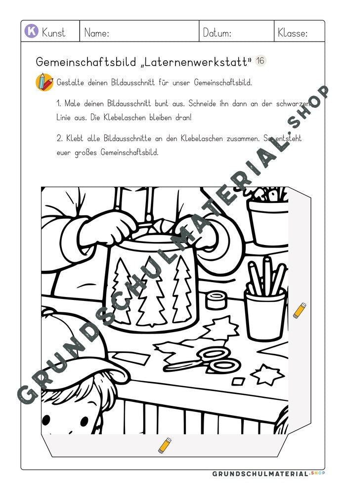 Gemeinschaftsbild Laternenwerkstatt: Arbeitsblatt Bildausschnitt 16 zum Ausmalen