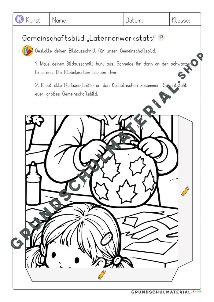 Gemeinschaftsbild Laternenwerkstatt: Arbeitsblatt Bildausschnitt 17 zum Ausmalen
