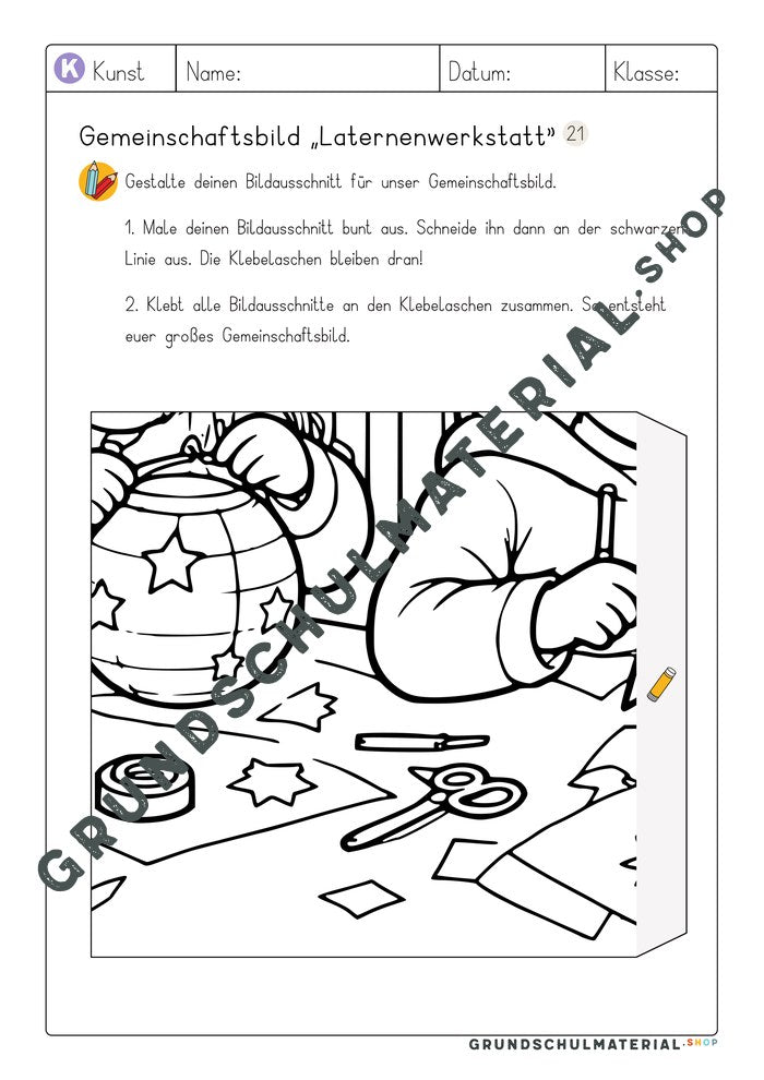 Gemeinschaftsbild Laternenwerkstatt: Arbeitsblatt Bildausschnitt 21 zum Ausmalen