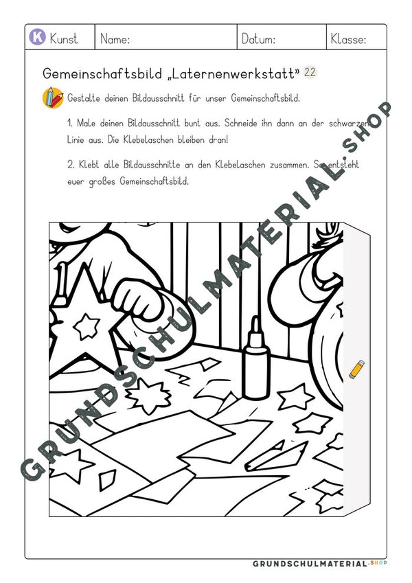 Gemeinschaftsbild Laternenwerkstatt: Arbeitsblatt Bildausschnitt 22 zum Ausmalen