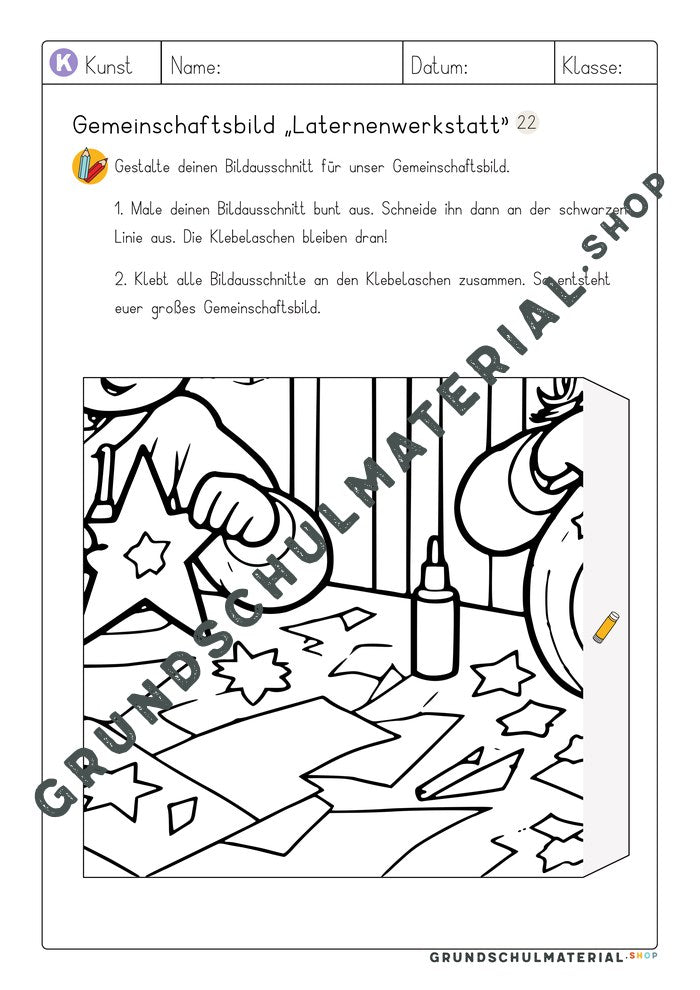 Gemeinschaftsbild Laternenwerkstatt: Arbeitsblatt Bildausschnitt 22 zum Ausmalen