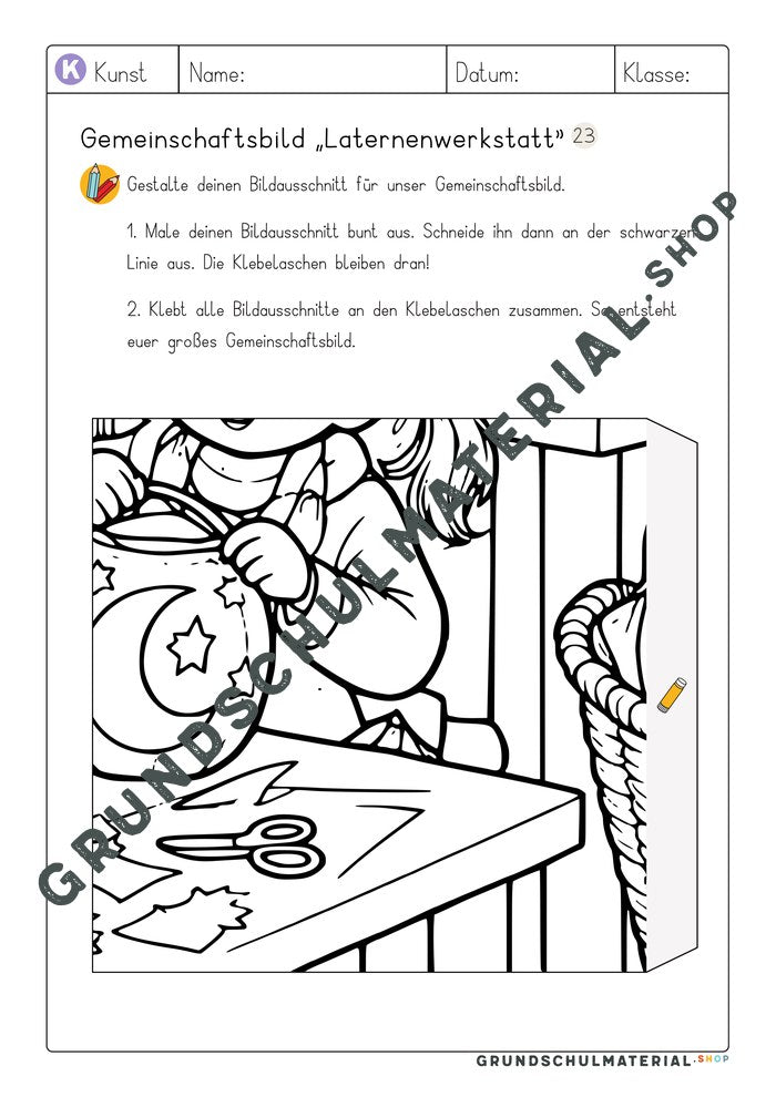 Gemeinschaftsbild Laternenwerkstatt: Arbeitsblatt Bildausschnitt 23 zum Ausmalen