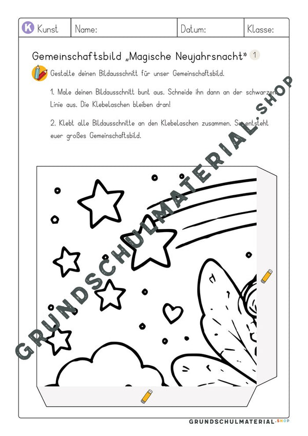 Gemeinschaftsbild Magische Neujahrsnacht: Arbeitsblatt Bildausschnitt 1 zum Ausmalen