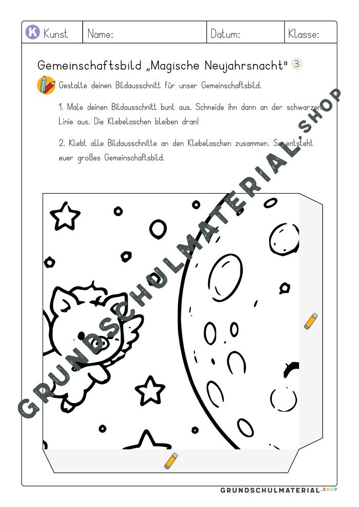 Gemeinschaftsbild Magische Neujahrsnacht: Arbeitsblatt Bildausschnitt 3 zum Ausmalen