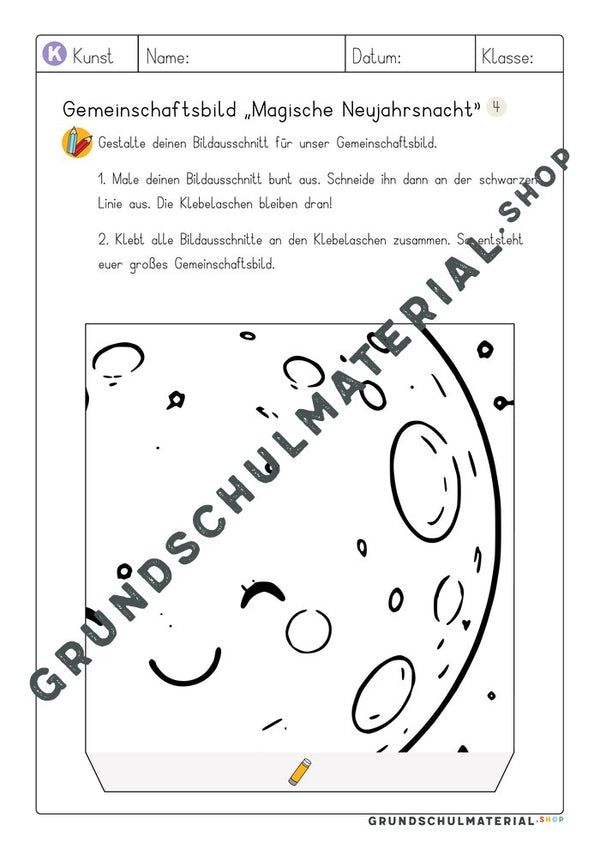 Gemeinschaftsbild Magische Neujahrsnacht: Arbeitsblatt Bildausschnitt 4 zum Ausmalen