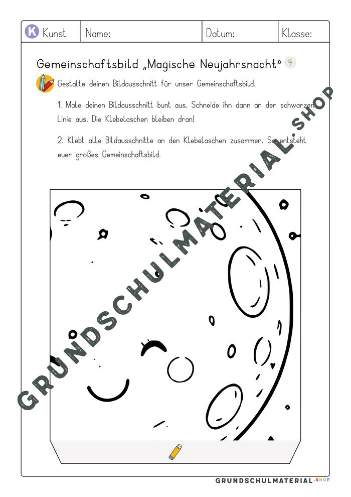 Gemeinschaftsbild Magische Neujahrsnacht: Arbeitsblatt Bildausschnitt 4 zum Ausmalen