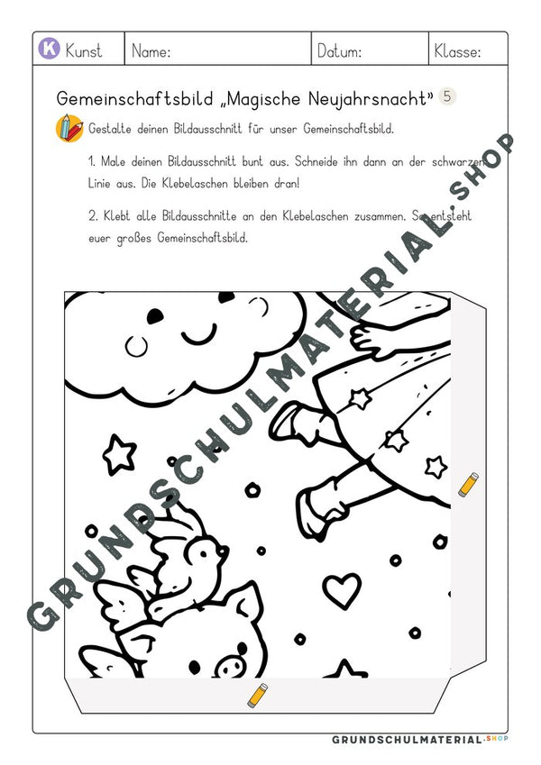 Gemeinschaftsbild Magische Neujahrsnacht: Arbeitsblatt Bildausschnitt 5 zum Ausmalen