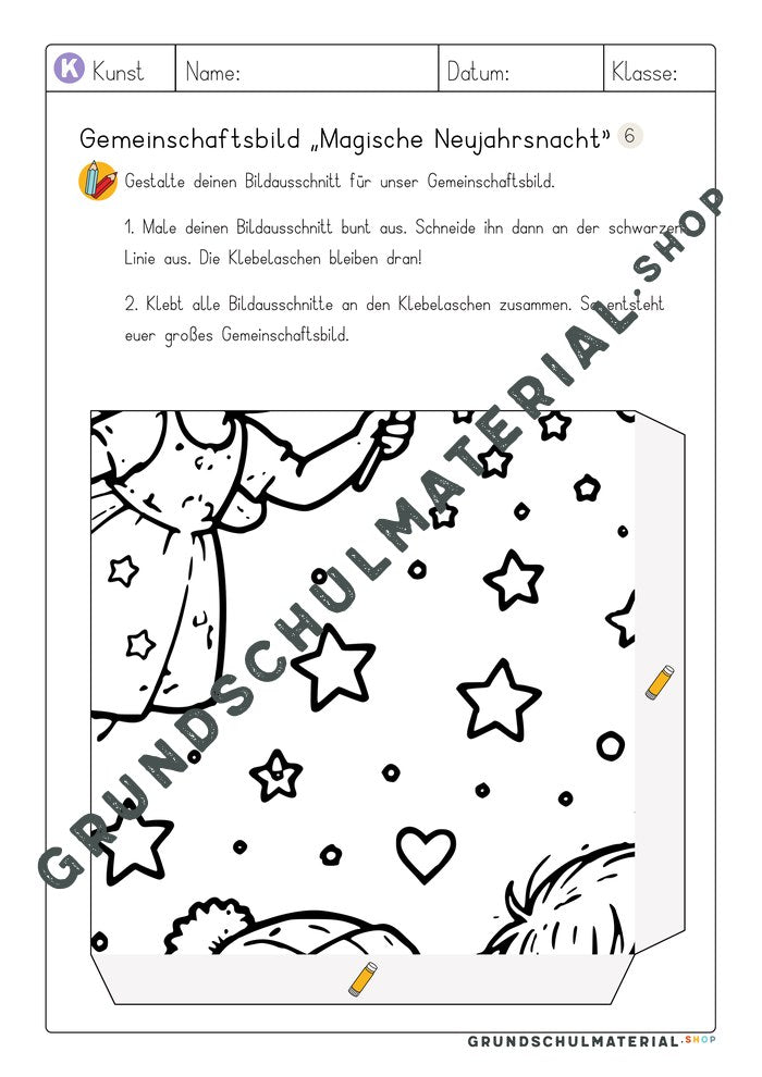 Gemeinschaftsbild Magische Neujahrsnacht: Arbeitsblatt Bildausschnitt 6 zum Ausmalen