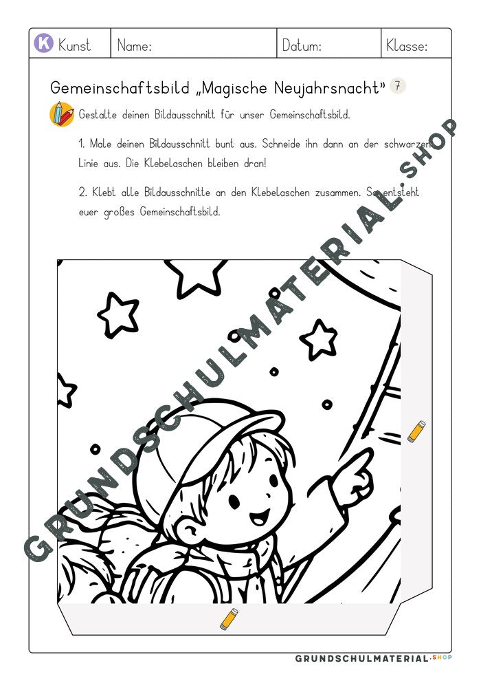 Gemeinschaftsbild Magische Neujahrsnacht: Arbeitsblatt Bildausschnitt 7 zum Ausmalen