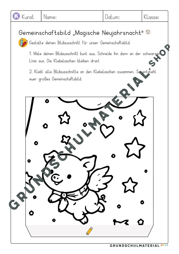 Gemeinschaftsbild Magische Neujahrsnacht: Arbeitsblatt Bildausschnitt 12 zum Ausmalen