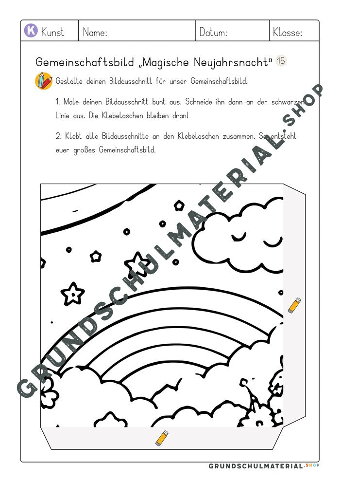 Gemeinschaftsbild Magische Neujahrsnacht: Arbeitsblatt Bildausschnitt 15 zum Ausmalen