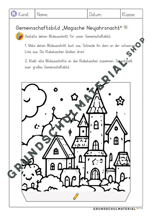 Gemeinschaftsbild Magische Neujahrsnacht: Arbeitsblatt Bildausschnitt 16 zum Ausmalen