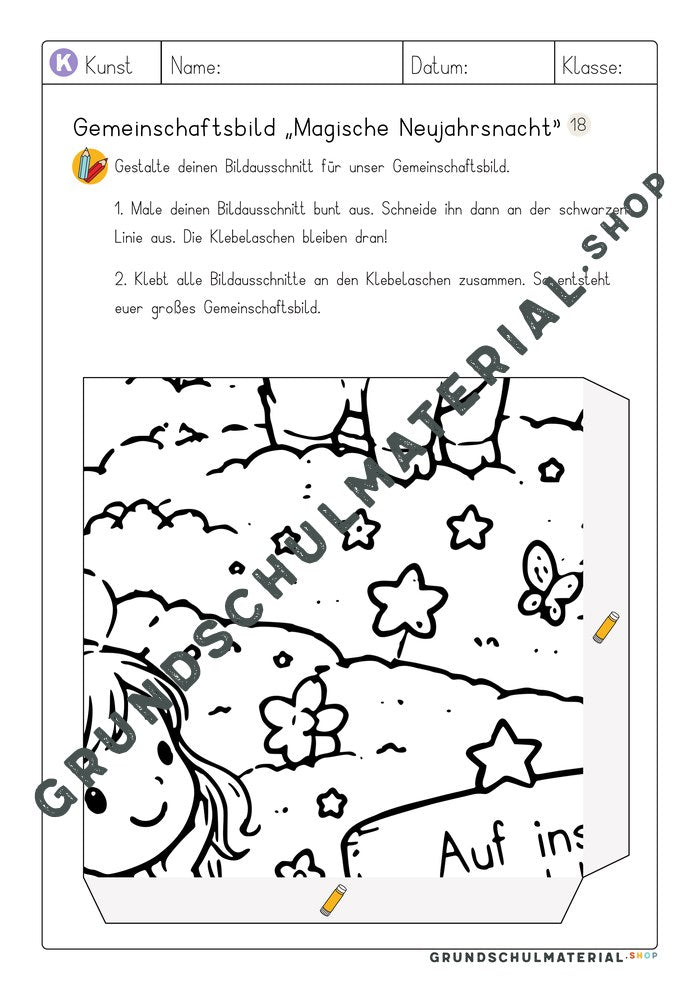 Gemeinschaftsbild Magische Neujahrsnacht: Arbeitsblatt Bildausschnitt 18 zum Ausmalen