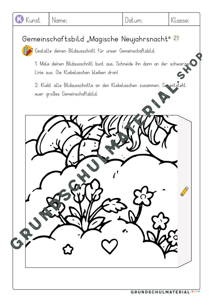 Gemeinschaftsbild Magische Neujahrsnacht: Arbeitsblatt Bildausschnitt 21 zum Ausmalen
