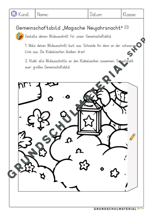 Gemeinschaftsbild Magische Neujahrsnacht: Arbeitsblatt Bildausschnitt 23 zum Ausmalen