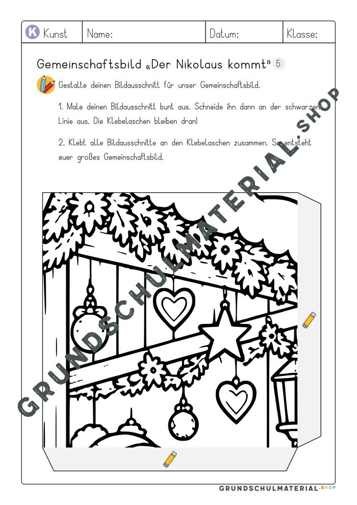 Arbeitsblatt Bildausschnitt 5 zum Ausmalen: Weihnachtsmarktstand mit Girlande, Herzen und Stern