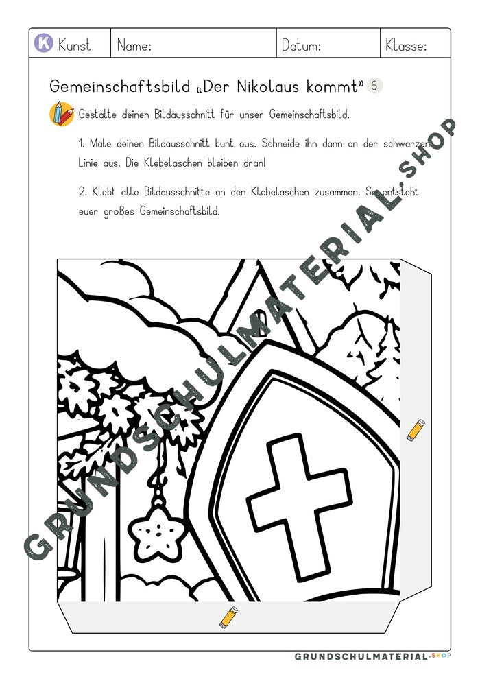 Arbeitsblatt Bildausschnitt 6 zum Ausmalen: Mitra des Nikolaus mit Kreuz