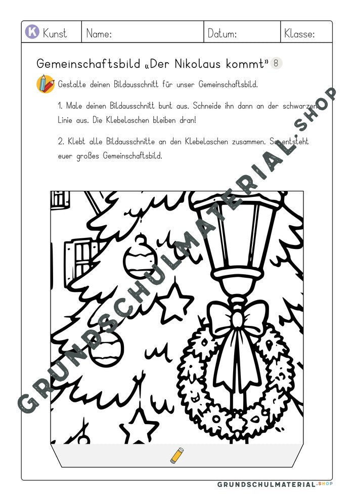 Arbeitsblatt Bildausschnitt 8 zum Ausmalen: Weihnachtsbaum mit Laterne und Kranz
