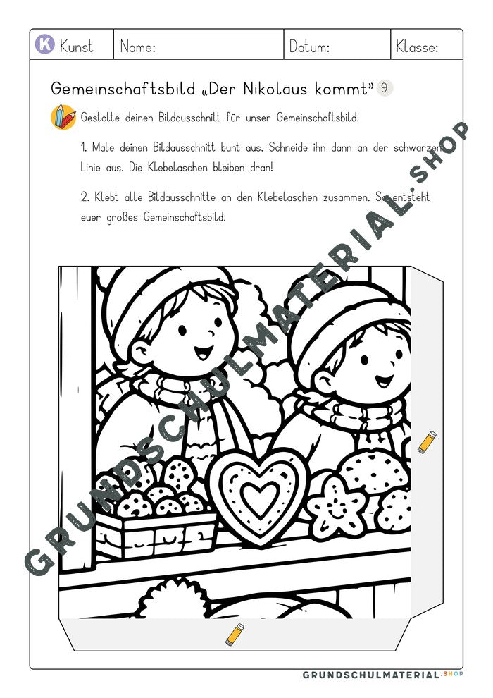 Arbeitsblatt Bildausschnitt 9 zum Ausmalen: Kinder am Weihnachtsmarktstand mit Lebkuchen