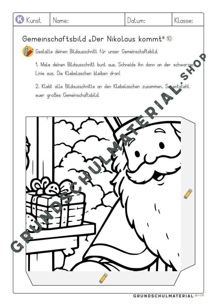 Arbeitsblatt Bildausschnitt 10 zum Ausmalen: Gesicht und Bart des Nikolaus