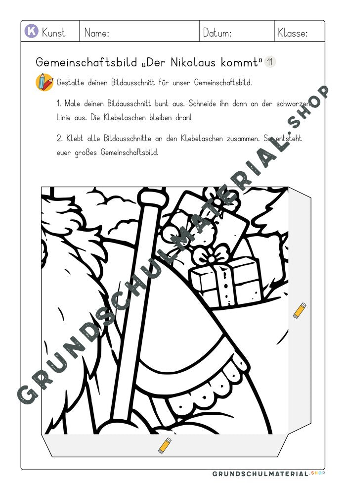 Arbeitsblatt Bildausschnitt 11 zum Ausmalen: Bischofsstab und Geschenkesack