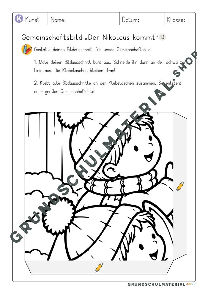 Arbeitsblatt Bildausschnitt 13 zum Ausmalen: Kinder mit Pudelmützen
