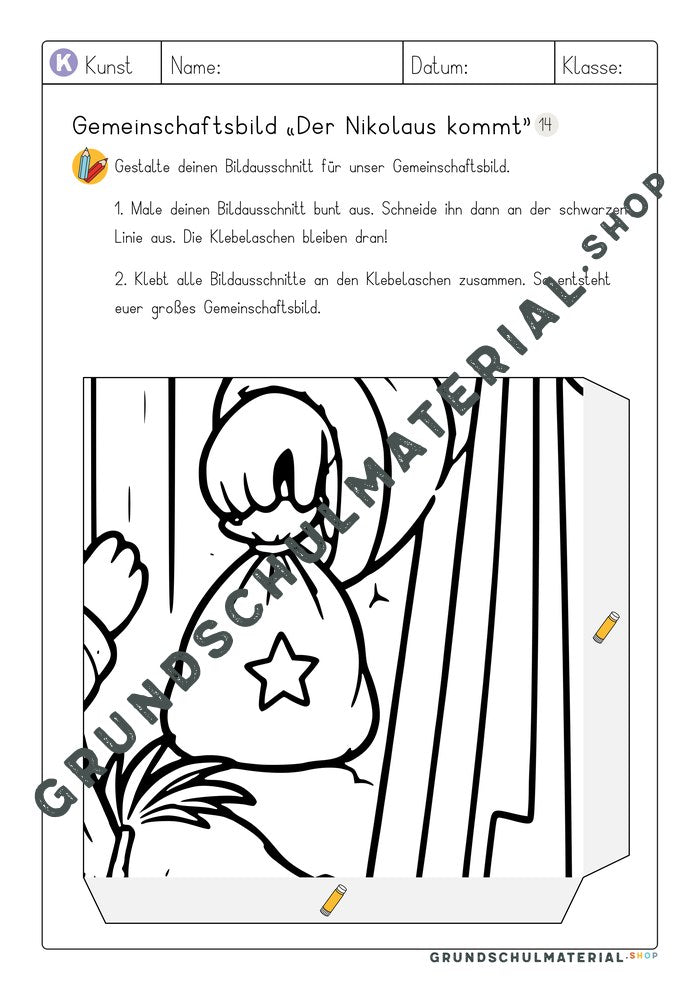 Arbeitsblatt Bildausschnitt 14 zum Ausmalen: Hand des Nikolaus mit Säckchen