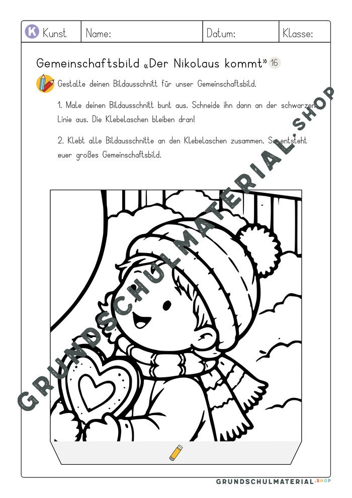 Arbeitsblatt Bildausschnitt 16 zum Ausmalen: Kind mit Lebkuchenherz