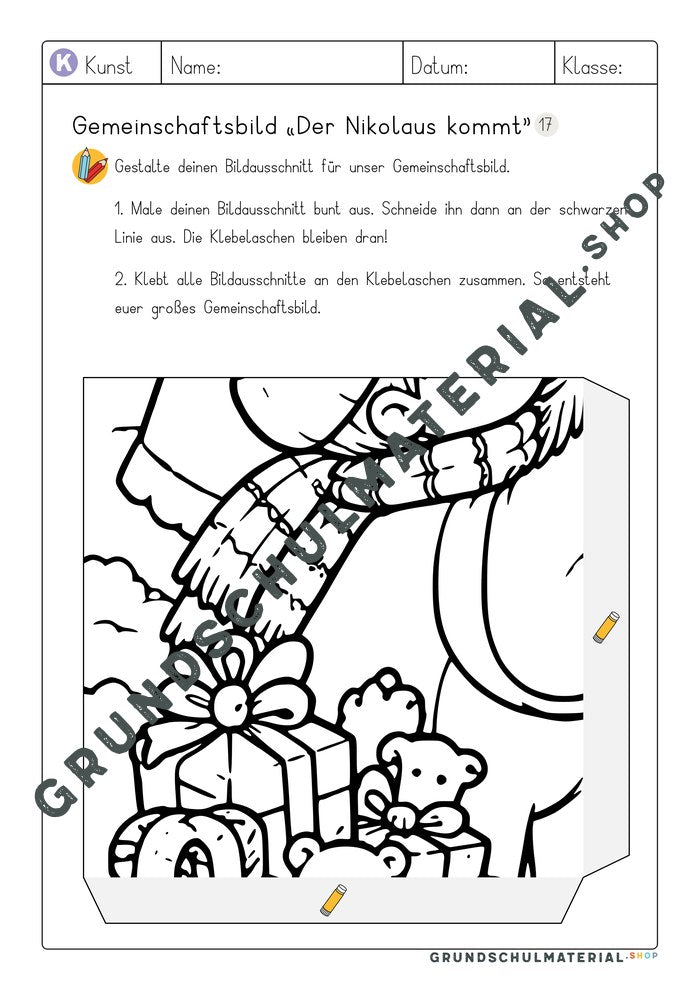 Arbeitsblatt Bildausschnitt 17 zum Ausmalen: Kind mit Schal und Geschenken