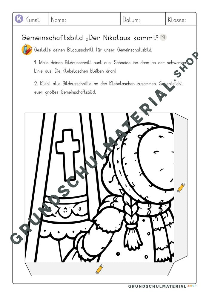 Arbeitsblatt Bildausschnitt 19 zum Ausmalen: Mädchen mit Zöpfen vor dem Nikolaus