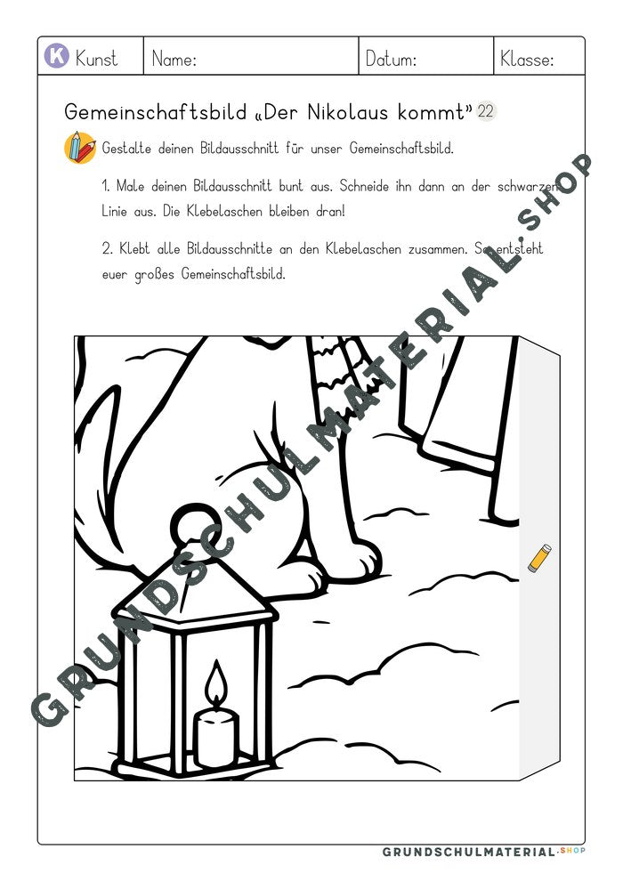 Arbeitsblatt Bildausschnitt 22 zum Ausmalen: Laterne und Hund im Schnee