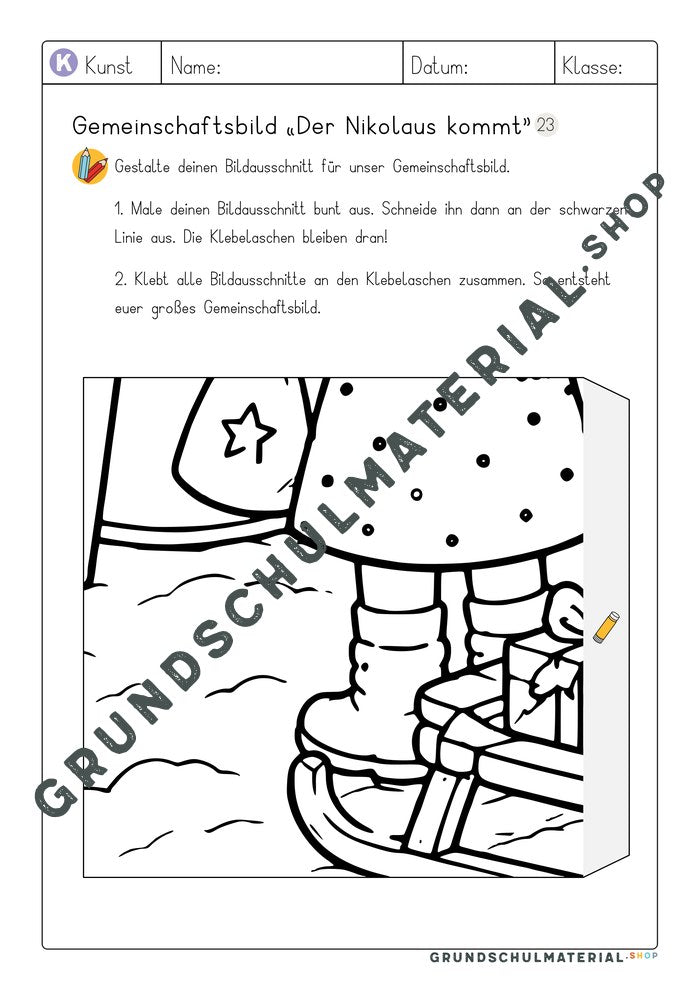 Arbeitsblatt Bildausschnitt 23 zum Ausmalen: Mädchen am Schlitten