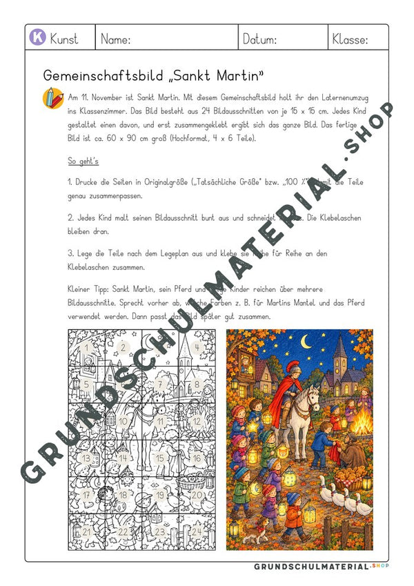 Hinweise für Lehrkräfte mit Legeplan und bunter Vorschau des Sankt-Martin-Gemeinschaftsbilds