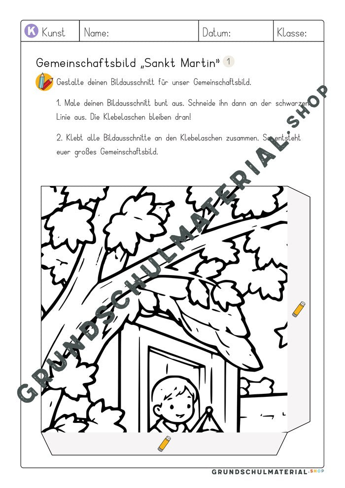 Gemeinschaftsbild Sankt Martin: Arbeitsblatt Bildausschnitt 1 zum Ausmalen