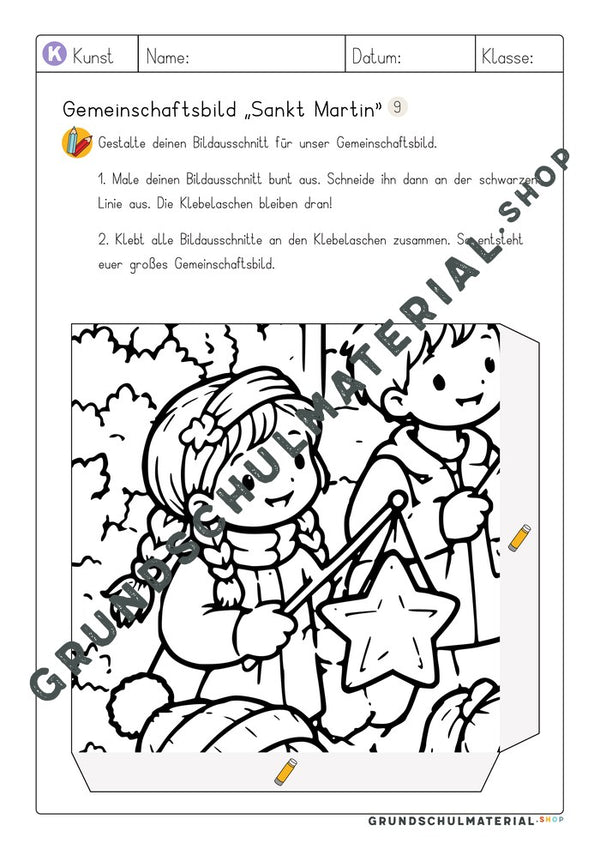 Gemeinschaftsbild Sankt Martin: Arbeitsblatt Bildausschnitt 9 zum Ausmalen