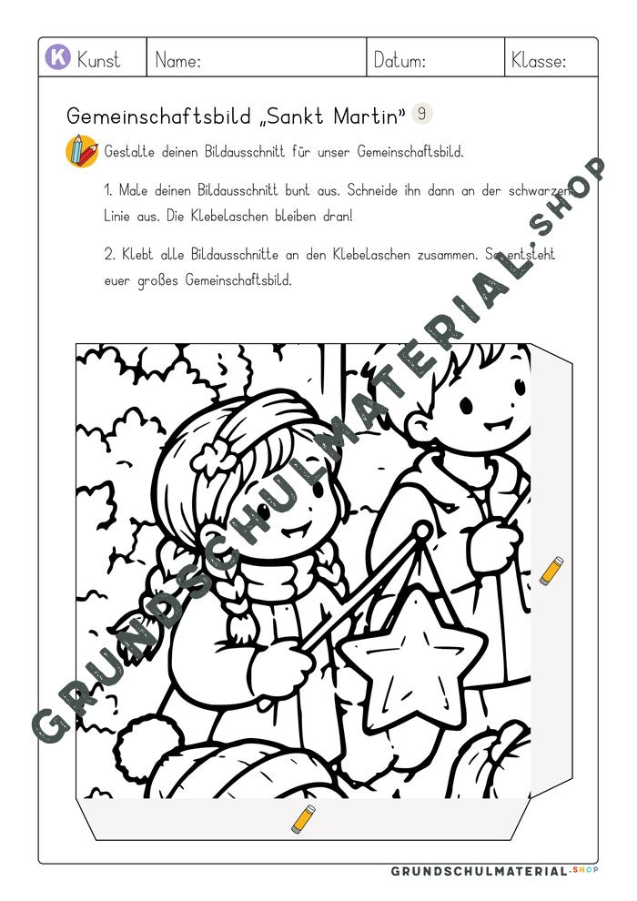Gemeinschaftsbild Sankt Martin: Arbeitsblatt Bildausschnitt 9 zum Ausmalen