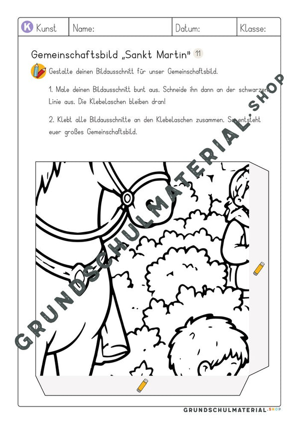 Gemeinschaftsbild Sankt Martin: Arbeitsblatt Bildausschnitt 11 zum Ausmalen
