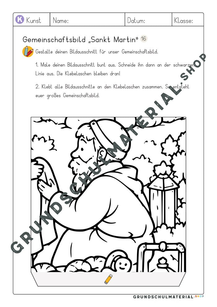 Gemeinschaftsbild Sankt Martin: Arbeitsblatt Bildausschnitt 16 zum Ausmalen