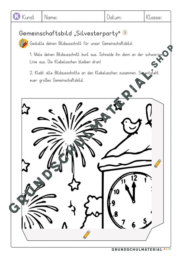 Gemeinschaftsbild Silvesterparty: Arbeitsblatt Bildausschnitt 3 zum Ausmalen