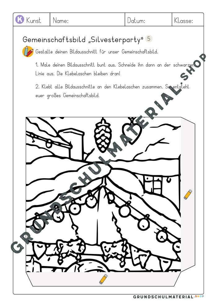 Gemeinschaftsbild Silvesterparty: Arbeitsblatt Bildausschnitt 5 zum Ausmalen