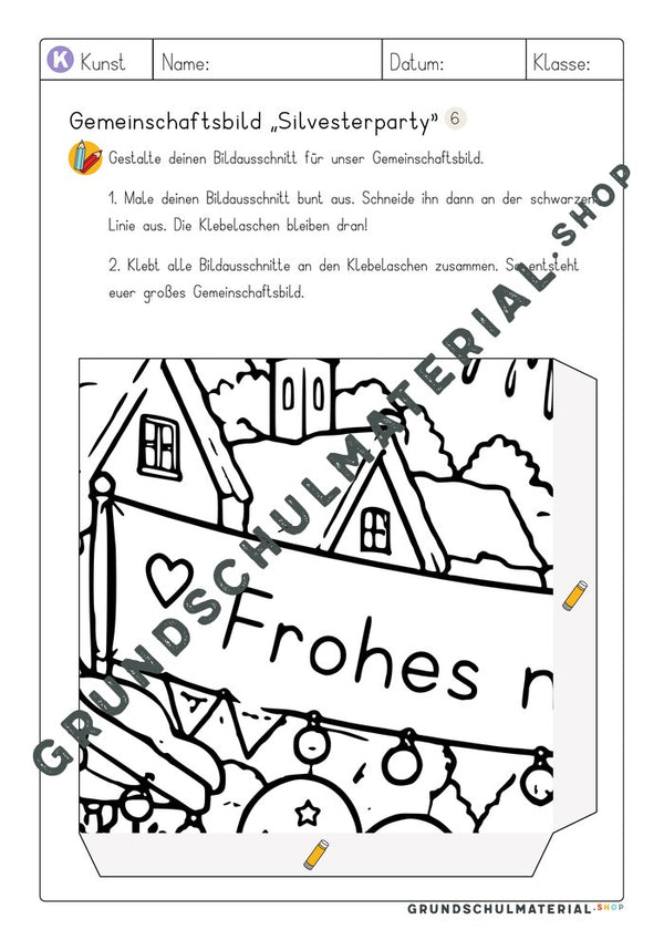 Gemeinschaftsbild Silvesterparty: Arbeitsblatt Bildausschnitt 6 zum Ausmalen